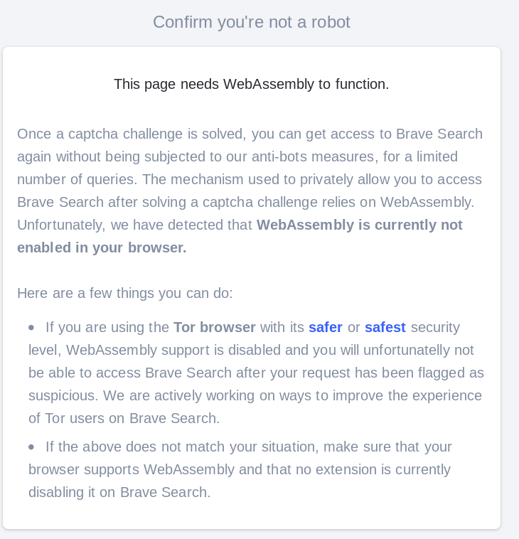Showing that Brave Search requires WebAssembly enabled