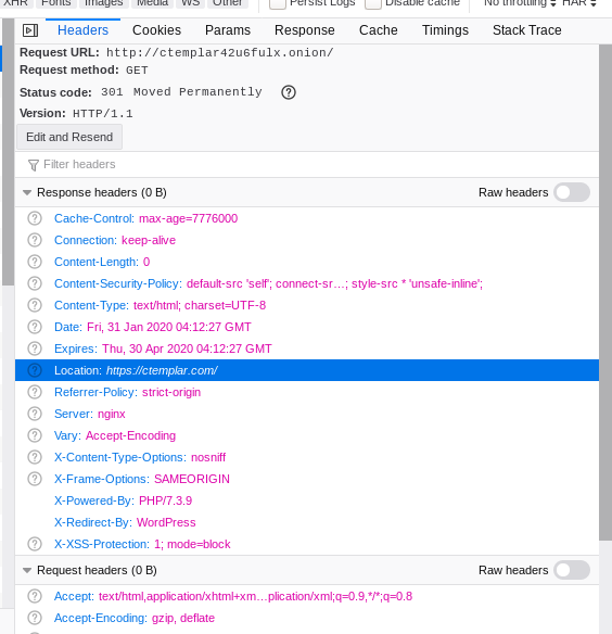 Showing CTemplar redirecting their onion domain to clearnet