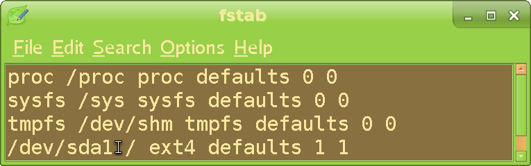 Showing the fstab file from the restored backup