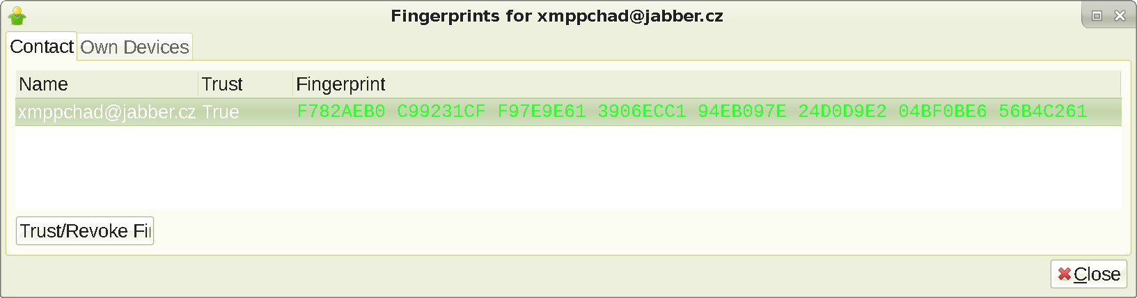 Showing Gajim's OMEMO fingerprint verification screen