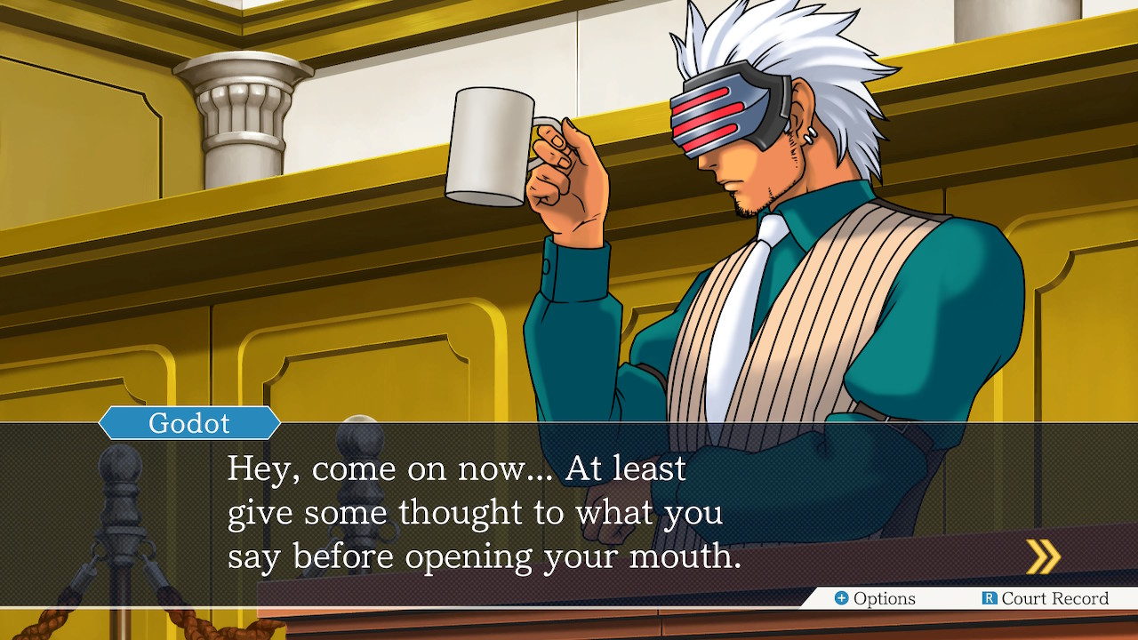 Godot from the Ace Attorney series saying 'Hey, come on now... At least give some thought to what you say before opening your mouth