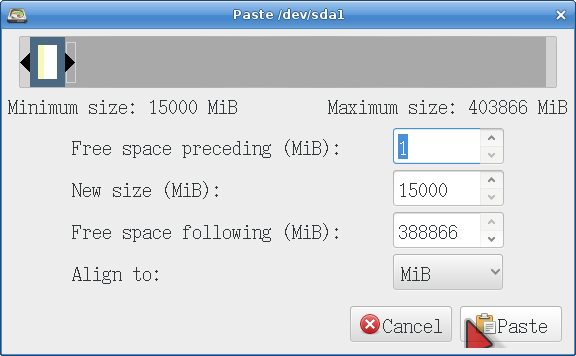 Pasting a partition in GParted