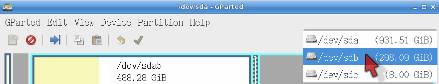 Switching a drive in GParted