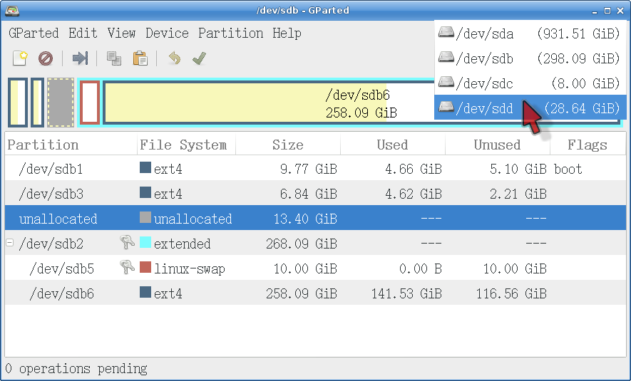 Switching a drive in GParted