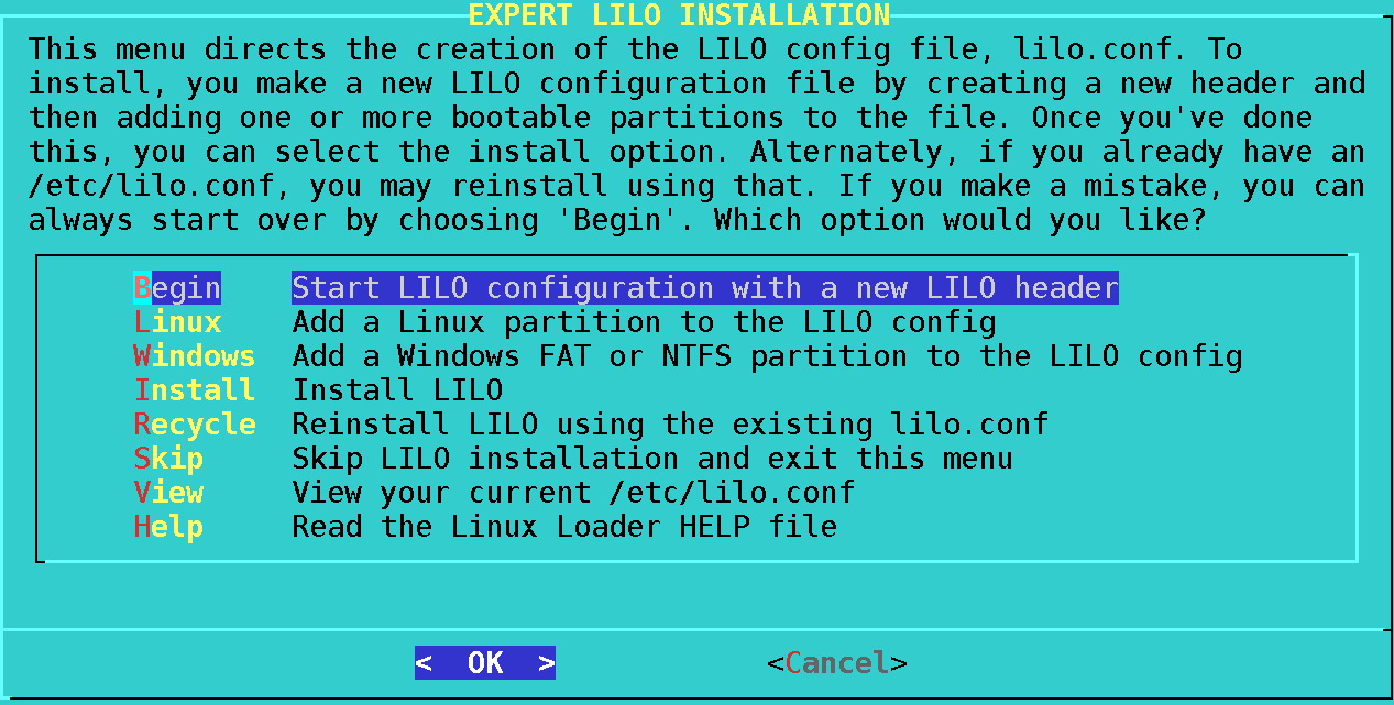 Beginning the liloconfig setup