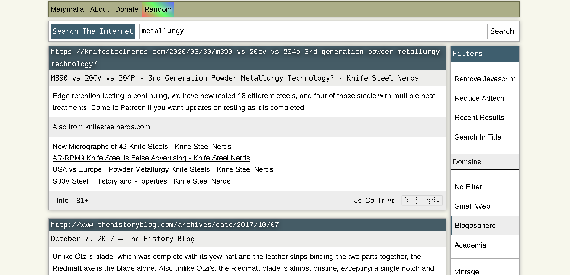 Screenshot of Marginalia search engine