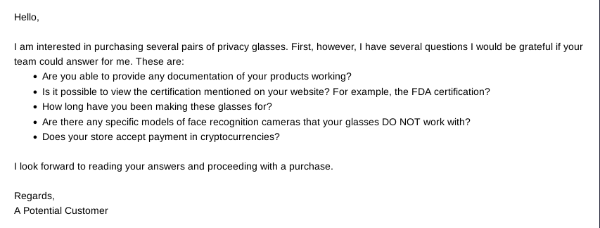 An E-mail sent to the producers of Privacy Glasses